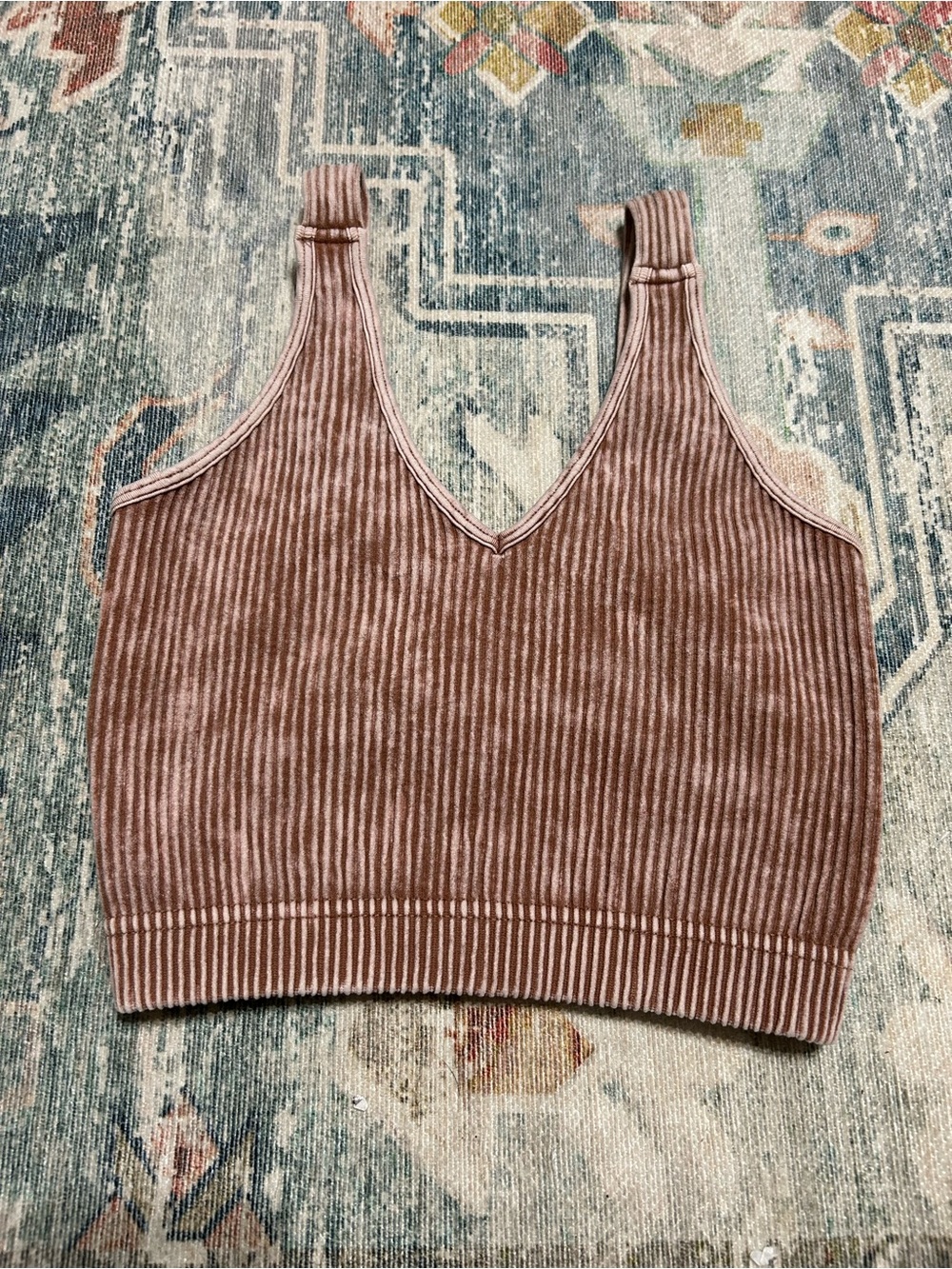 Zenana Outfitters Ribbed V-Neck Crop Top in Mocha-Not Padded